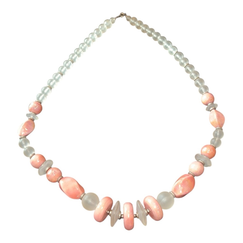 Vintage Pink Frosted Glass Bead Necklace Iridescent Accent Detail JB7